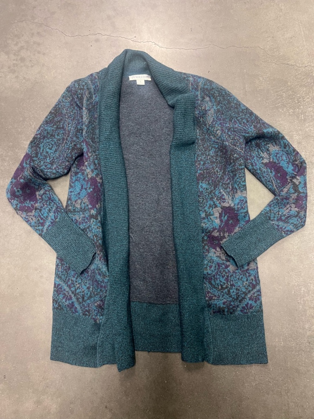 Pendleton 100% merino wool Teal and Purple Patterned Open-Front Cardigan